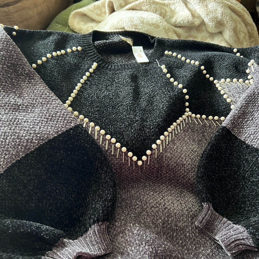 POL Black Knit Sweater with Pearl Trim